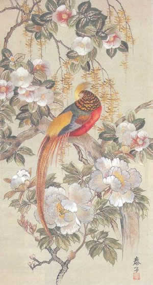 Kacho-zu (image of flowers and bird) embroidered with the first spun rayon yarn (made by the wife of the first chairman, Yunosuke Yasukawa, about 120 × 80 cm (height × width), still in place at the Toray Museum of Corporate History (Shiga))